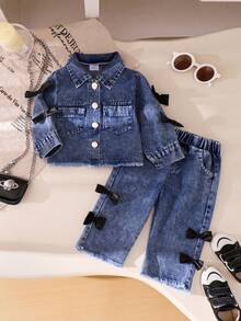 2件套女童休闲3D蝴蝶结领牛仔夹克和直筒牛仔裤套装 - 藍色 - 查看 1