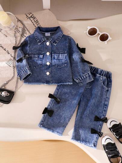 2 st/set flickor casual 3D rosettkrage jeansjacka och raka jeansbyxor