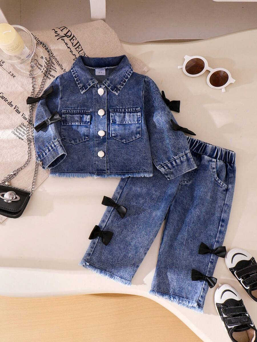 2件套女童休闲3D蝴蝶结领牛仔夹克和直筒牛仔裤套装 - 藍色 - 查看 1