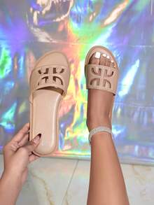 Korean Style Solid Color Flat Slippers For Women, Round Toe, Breathable, Slip-On, Home Slippers - Apricot - View 15