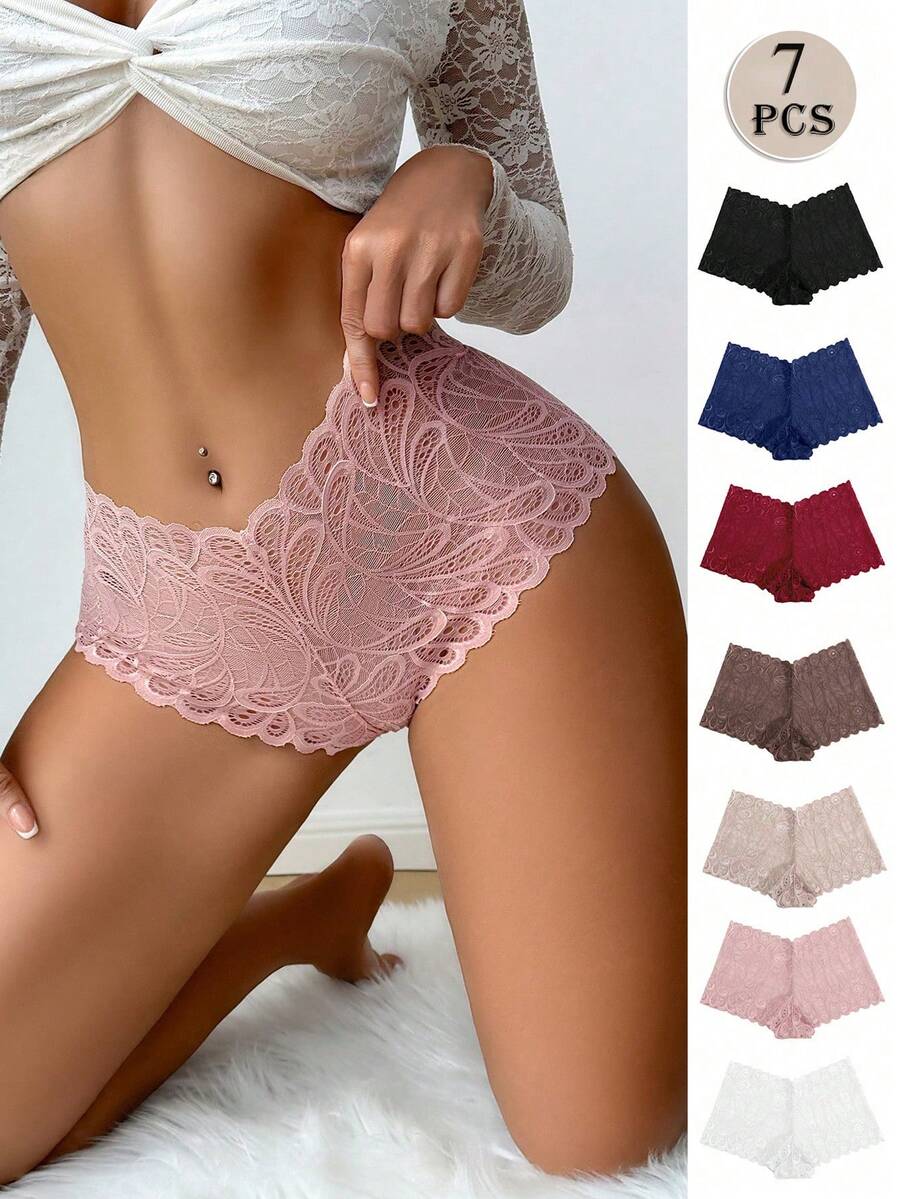 7入組多種顏色女士蕾絲拼接半透明性感低腰底褲
