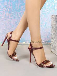 French Summer Fashion High Heel Shoes For Women, Thin Heel Strap Open Toe Party Sandals - Burgundy - View 4