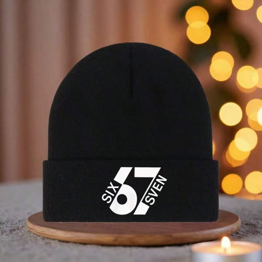 67 Six Seven Mystery Knitted Hat - 67 Number Design Unisex Winter Style, Elastic And Warm, Suitable For All Seasons, Hip-Hop Style With Iconic 67 Logo, Casual And Christmas Gift Accessory - 黑色4 - 查看 1