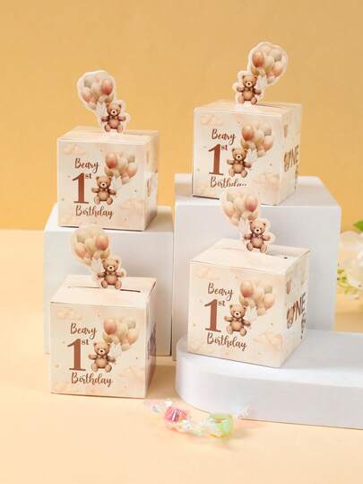24pcs Beary 1st Birthday Themed Gift Boxes,Brown Little Bear Balloons Design Candy Boxes, Birthday Theme Gift Packaging Boxes, Baby Shower Decorations,Happy Birthday Party Decorations, Chocolate And Biscuit Packaging, Party Favors,Birthday Party Babe Shower Gender Reveal Party Decoration Supplies