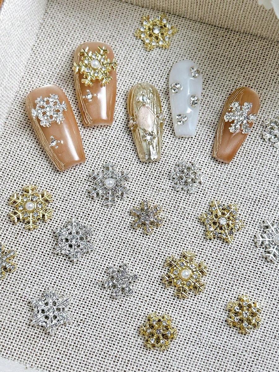Mix 10pcs Nail Charms, Christmas Snowflake Simulation Pearl Rhinestone Gold And Silver Nail Charms, Simple Metal Nail Supplies For Christmas, Shiny White Rhinestone Nail Gems, Suitable For Multi-Functional DIY Accessories Nail Decoration - Multicolor - View 1