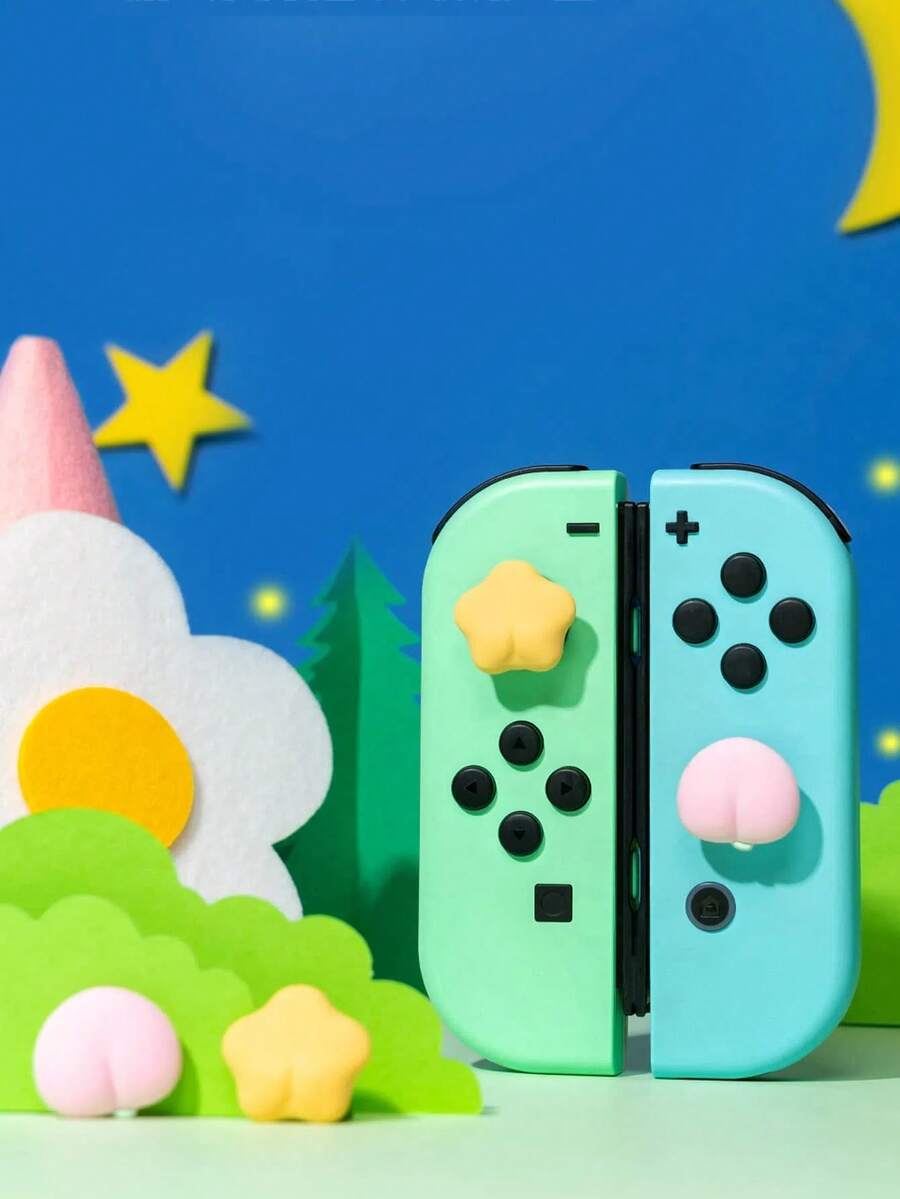 GeekShare 4 Peças Tampas de Silicone para Joystick de Polegar com Design de Estrela e Bunda de Pêssego para Nintendo Switch/OLED/Switch Lite - rosaamarelo - Visão 1