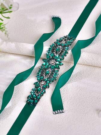 1 pieza Cinturón de cintura nupcial, faja de cintura verde con adornos de cristal de lujo, adecuado para vestido de novia, Halloween, fiesta de Navidad, accesorio de moda para mujer