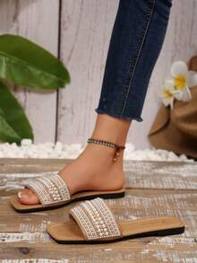Women's Strap Rhinestone Decorated Sandals, Casual Versatile Outdoor Plastic Flat Slippers - Mocha Brown - View 7