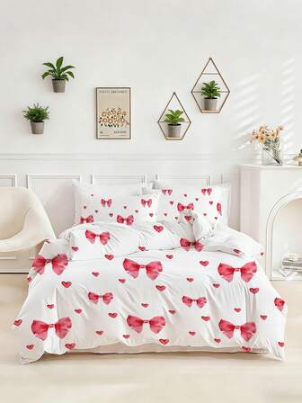 3 PIEZAS Juego de Funda Nórdica Estampado Digital Día de San Valentín (1*Funda Nórdica + 2*Fundas de Almohada, Sin Relleno). Este Juego de Ropa de Cama Presenta un Diseño con Estampado de Lazo, Elaborado en Tela de Poliéster Suave, Cómoda y Transpirable. Ideal para Dormitorios del Hogar, Habitaciones de Invitados, Salas de Juegos, Hoteles y Dormitorios Escolares