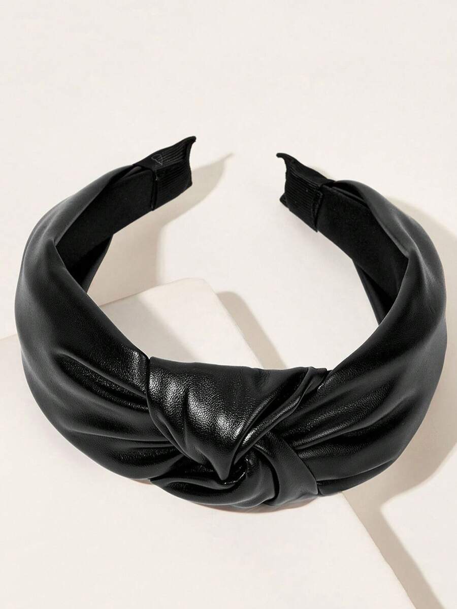 1pc Elegant Solid Color PU Leather & Fabric Knotted Wide Headband, Minimalist European Style For Outdoor, Washing Face, High Crown ,Hair Band Head Accessories Hairband Beauty Home Hair Accessories - Black - View 1
