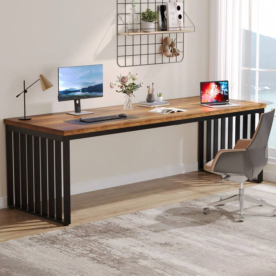 Tribesigns 180 Cm Computer Desk, Desk With Heavy Duty Metal Frame, Workstation Study Desk For Home Office, Brown (Without Chair) (Brown & Black) - Brown - View 1