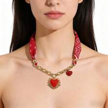 Collar de bufanda de San Valentín con dije de corazón/sol, elegante collar con colgante de bandana. - Rosa Fucsia - Ver 3
