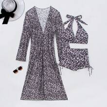 European And American Fashion 3 PiecesBikini Set, Full Body Leopard Print Bohemian Tie-Front Backless Beach Vacation Swimsuit - Grey - View 7