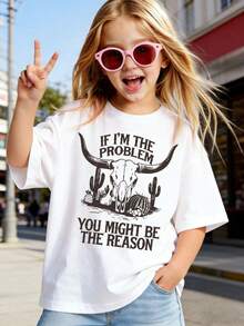 Denim-Style Printed T-Shirt, If I'm The Problem You Might Be The Reason. Creative Bull Head Desert Print Short-Sleeved T-Shirt, Suitable For Girls' Clothes, Fashionable Children's Short-Sleeved T-Shirt For Children Who Like Denim Style, Comfortable And Breathable Loose-Fitting Printed Children's T-Shirt. - White - View 5