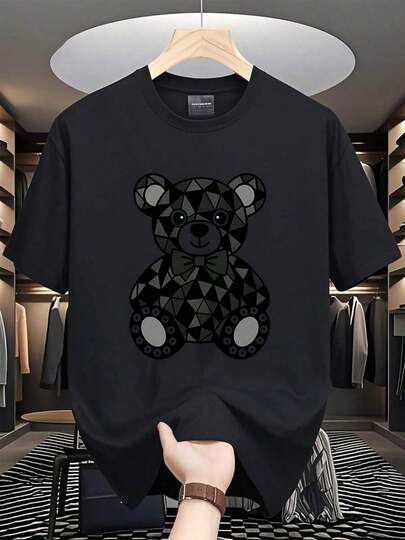 Almacen local,playeras de hombre,camisas para hombre,ropa de hombre,playeras de algodón para hombre,playera hombre,Oso geométrico camiseta 180g negra y blanca algodón,estampado moderno oso corbata,algodón impresión alta calidad,cuello redondo,ajuste básico holgado,hombres y mujeres,transpirable,versátil,lavable a máquina,cómoda,talla S ~ 3XL,diario,casual,deportes,imprescindible verano