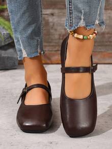 女士棕色真皮玛丽珍平底鞋 - 搭扣低跟舒适休闲鞋，适合日常穿着 - 棕色 - 查看 3