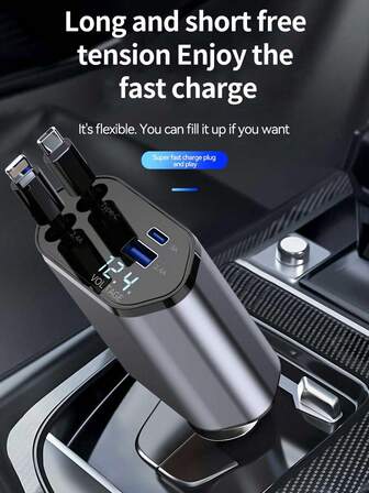 W&O 4-portars snabb billaddare med USB- och typ-C-portar, digital spänningsdisplay, lämplig för iPhone, Android-telefoner och surfplattor, perfekt present till män, jul