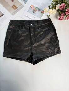 大码修身涂层面料短裤，带口袋，中等弹力，七分裤长，黑色夏季款 - 黑色 - 查看 6