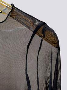 Lace Sheer Mesh Long Sleeve Top, Versatile Layering Top, Loose Fit, Age-Reducing, Suitable For Mothers Casual Black Spring - Black - View 4