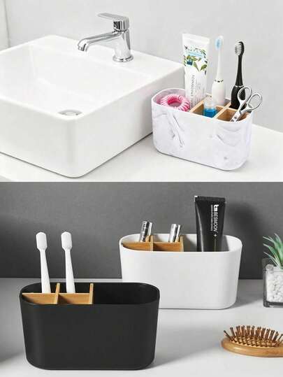 5-Slot Bamboo Toothbrush Holder, Bathroom Countertop Organizer For Toothbrush, Cosmetics And Small Accessories, Marble Texture Toothbrush Holder, Bathroom Toothbrush Holder, Suitable For Bathroom Countertop, Shower Area And Vanity, White Marble Color