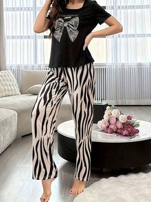 女士两件套蝴蝶结印花黑色短袖睡衣套装，休闲黑白条纹裤家居服套装 - 黑色 - 查看 4