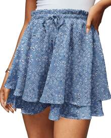 Women's Summer Floral Ruffle Hem Skirt Shorts Elastic High Waist Layered Tiered Boho Mini Skorts Skirts - 淺藍色 - 查看 8