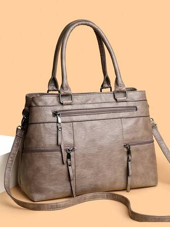 1pc Women's Solid Retro Brown Tote Bag, Large Capacity Multi-Zipper Pockets Waterproof PU Dual Handle Portable Outdoor Casual Business Versatile Shoulder Bag, Stitching Anti-Theft Crossbody Bag