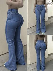 GILIPUR 新款中蓝色Y2K喇叭牛仔裤，高腰修身弹力设计，优雅时尚，休闲百搭，复古街头风，适合秋冬季节穿着，是新年、情人节等节日的理想之选，也是馈赠佳品。精致休闲的外观，完美适用于正式派对、休闲晚餐和音乐会等场合。 - 中等水洗藍 - 查看 4