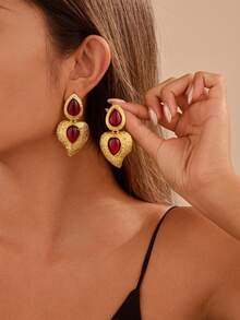 1 Pair Elegant Women's Fashion Heart Pendant Earrings, Inlaid Garnet Gemstone Dangle Earrings, Gift & Daily Wear - Multicolor - View 1