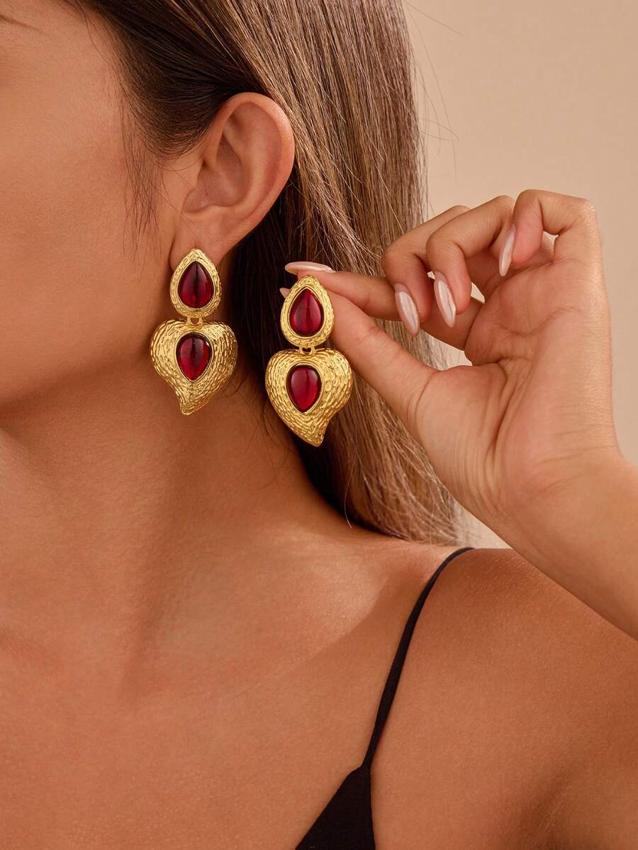 1 Pair Elegant Women's Fashion Heart Pendant Earrings, Inlaid Garnet Gemstone Dangle Earrings, Gift & Daily Wear - Multicolor - View 1