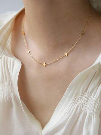 TONSI 1pc Fashionable Luxury Elegant 18K Gold Plated Stainless Steel Lucky Four-Leaf Clover Flower Delicate Choker Necklace, Suitable For Women's Daily, Work, And Party Wear