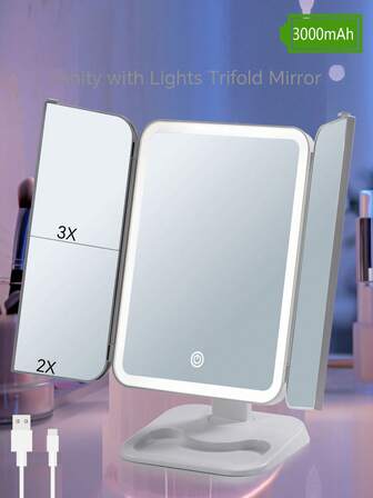 LED Lighted Makeup Mirror With Touch Screen, 3 Lighting Modes, Portable Stand, Foldable, 3X/2X Magnification, Vanity Mirror For Bedroom, Bathroom, Home Decor, Travel Essential, Wedding, Party, Birthday Gift, New Year Gift For Parents, Friends, Teachers, Accessories