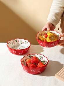 2pcs 6-Inch Rose Ceramic Salad Bowls, Asymmetrical Breakfast Cherry Small Bowls, Cute Fruit Mixing Bowls, Rice Bowls, Home Dessert Bowls, Household Ceramic Round Vegetable Bowls, Simple Tableware Set, Dessert Bowls, Kitchen & Dining Ceramic Soup Bowls, Suitable For Home Kitchen, Dining Room Gathering, Kitchen Supplies, Tableware Accessories, Couple Salad Bowls, Microwave - Multicolor - View 2