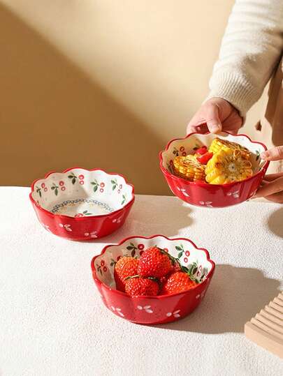 2pcs 6-Inch Rose Ceramic Salad Bowls, Asymmetrical Breakfast Cherry Small Bowls, Cute Fruit Mixing Bowls, Rice Bowls, Home Dessert Bowls, Household Ceramic Round Vegetable Bowls, Simple Tableware Set, Dessert Bowls, Kitchen & Dining Ceramic Soup Bowls, Suitable For Home Kitchen, Dining Room Gathering, Kitchen Supplies, Tableware Accessories, Couple Salad Bowls, Microwave