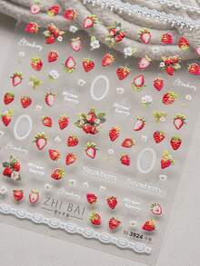 1片红色多汁草莓压纹蕾丝花边盛开花朵美甲贴纸 5D美甲植物浪漫迷人自粘美甲贴，适合女士精致DIY美甲装饰贴，美甲用品 - 彩色 - 查看 2