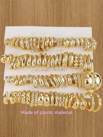 10-40 Pairs, Latest European & American Fashion Style, Plastic & ABS Material, Fashionable Gold Plated C-Shaped Hoop Earrings, Popular Women Earrings