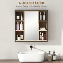 Badezimmer-Spiegelschrank, 6 Offene Fächer, 3-Stufiges Regal, Wall Mounting, Eiche - Khaki - View 4