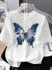 Tween Girls' Round Neck Butterfly Print Casual Versatile Daily Wear Short Sleeve T-Shirt - White - View 2