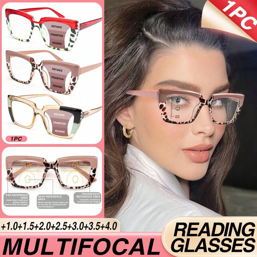 1 pezzo Occhiali da lettura multifocali alla moda per donna, lenti progressive multifocali 2-in-1, design colorblock con stampa leopardata, aste con cerniere morbide e confortevoli, occhiali bifocali versatili e vintage - mezza polvere - Visualizzare 1