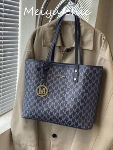 2025 New Fashion Women Large Capacity Full Print Letter Pattern Decor Dual Handle Tote Bag, Suitable For Work And Commute, Autumn/Winter New Large Capacity Shoulder Handbag, Women Handbag - Navy Blue - View 6