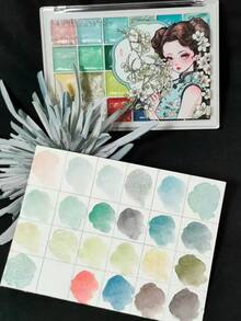 24色中国传统珠光固体水彩颜料 - 敦煌宫廷风格高端艺术用品，适合成人艺术家，是手绘插画工艺项目的理想之选 - 24色 - 查看 8