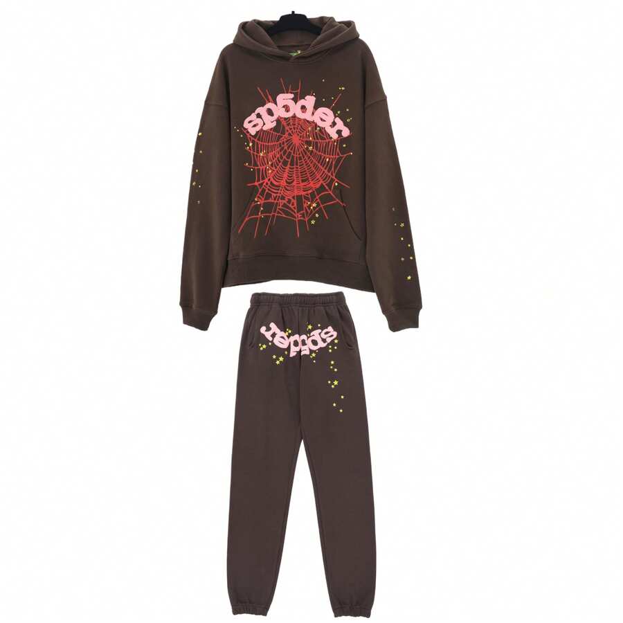 Men's And Women's Street Punk Oversized Hooded Sweatshirt Sets, Spider Web Rhinelstone Hooded Sweatshirts, Hip-Hop Fashion Letter Aesthetic Sweatshirts, Gender Neutral Sets, Couple Sets - 棕色 - 查看 1