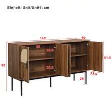 Sideboard 140 x 40 x 80 cm aus MDF mit Rattan und Walnuss Optik, Kommode mit vier Türen und Metallbeinen, Stauraummöbel für Wohnzimmer Esszimmer Flur im Retro Stil - Braun - Übersicht 4