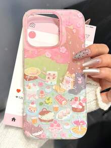 1个粉色樱花树和野餐猫图案手机壳，兼容 17 Pro Max、16、15、14、13、12、11等智能手机，可爱卡通，优雅，防摔 - 彩色 - 查看 1