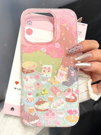 1pc Healing Pink Sakura Tree & Picnic Cat Design Phone Case, Compatible With Iphone 17 Pro Max, 16, 15, 14, 13, 12, 11 Smartphones, Cute Cartoon, Elegant, Anti-Drop