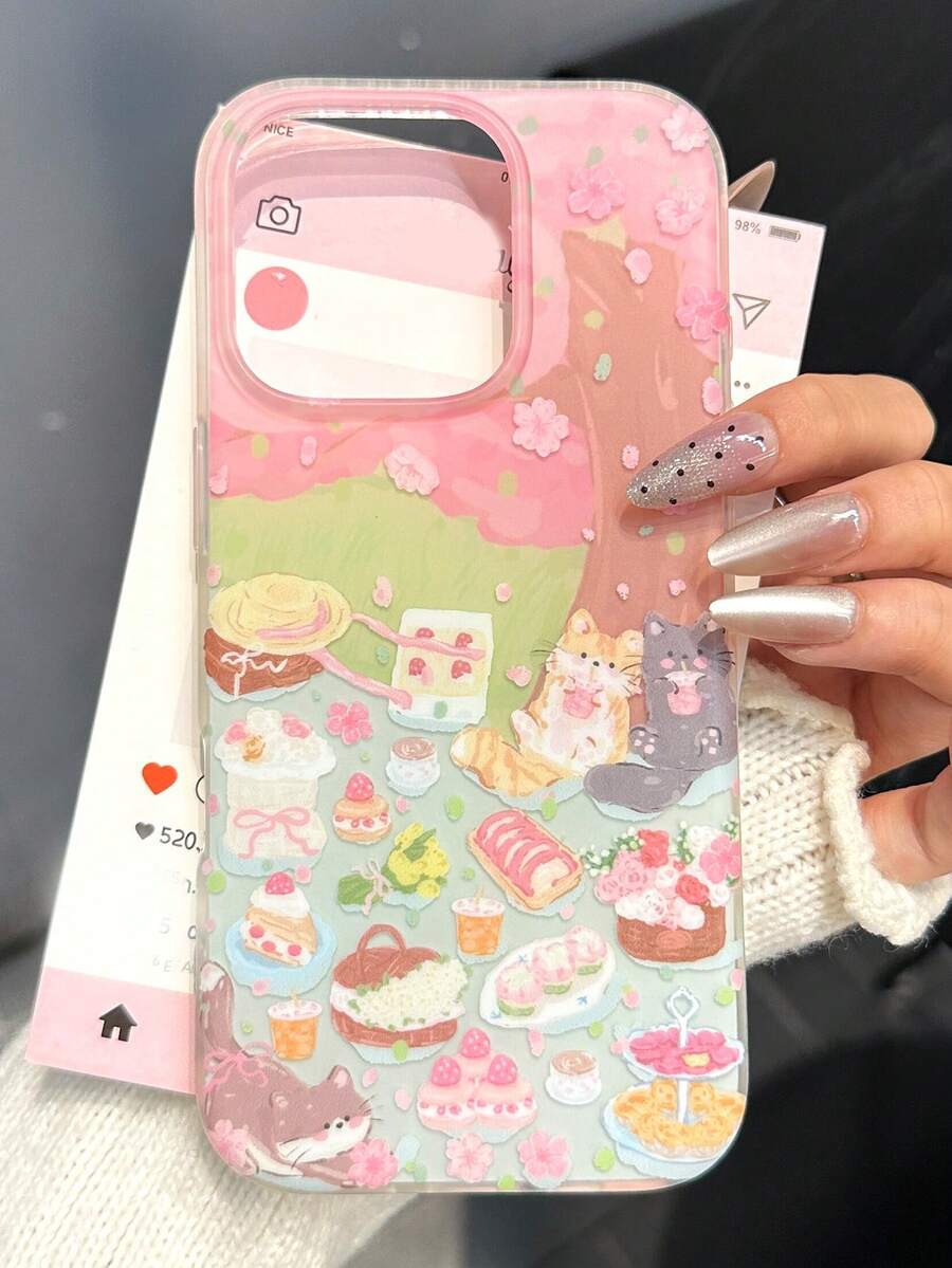 1个粉色樱花树和野餐猫图案手机壳，兼容 17 Pro Max、16、15、14、13、12、11等智能手机，可爱卡通，优雅，防摔 - 彩色 - 查看 1
