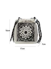 可爱刺绣帆布水桶单肩斜挎包，防水尼龙时尚手提包，腰果花刺绣，可拆卸肩带 - 彩色 - 查看 3