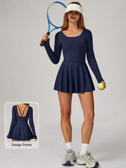 MASKERT 女士褶裥下摆长袖连衣裙，舒适亲肤，适合运动、瑜伽、网球等活动。