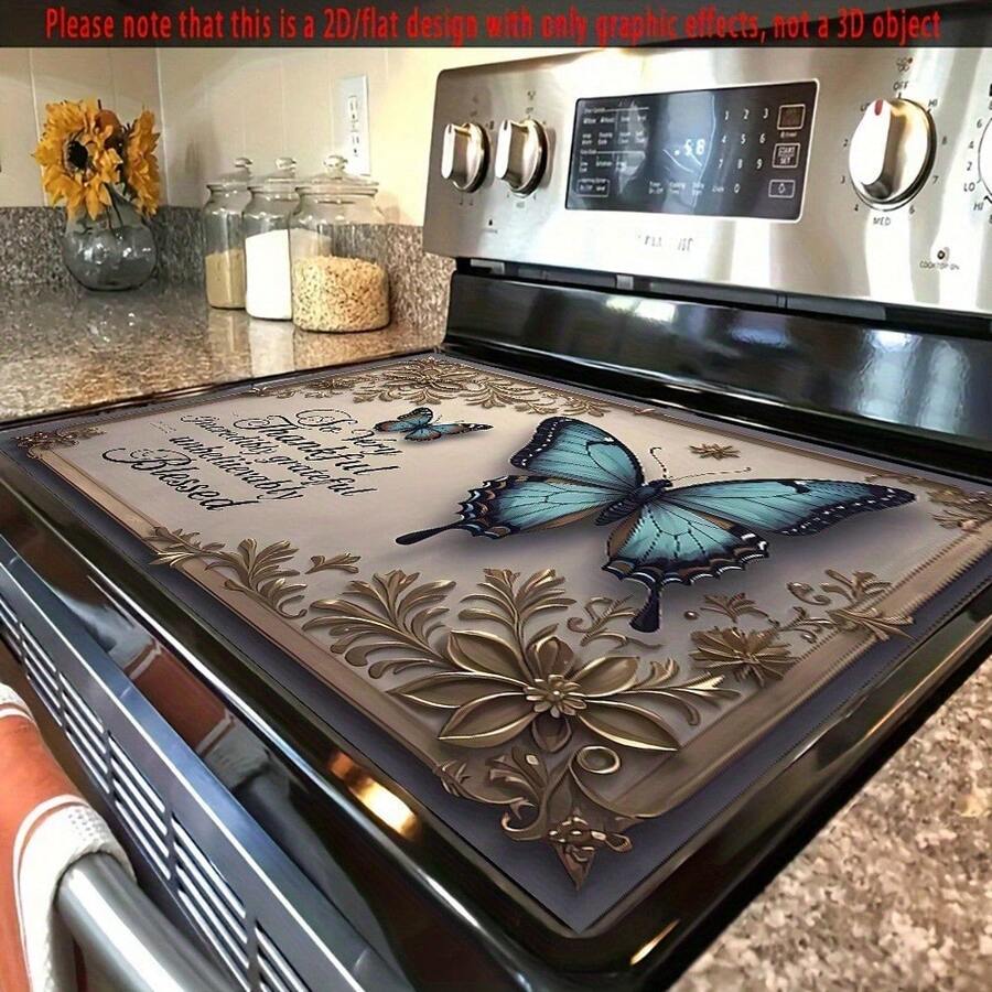 1pc Extra Large Stove Top Cover Mat - Heat-Resistant Non-Slip Kitchen Counter Protector, Elegant Butterfly & Floral Design In Beige/Golden/Blue/Purple/, Thankful &  Theme - Polyester Hot Pad For Gas/Electric Stoves, Dining Table Decor - 50x70cm/19.68x27.56in - View 1