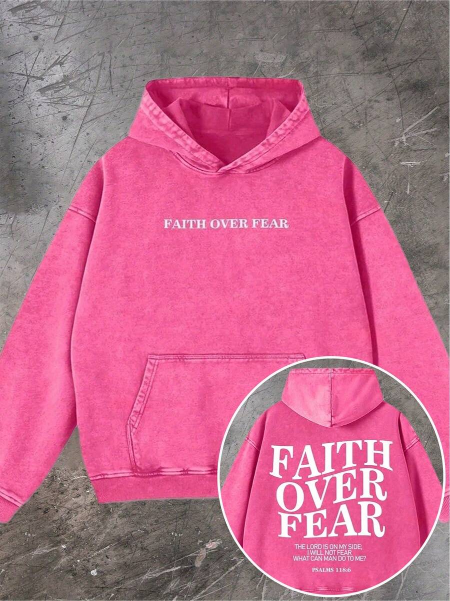Men's Fashionable Autumn Washed Distressed Pocket Hoodie, Men's Vintage Washed Hooded Sweatshirt With Faith Over Fear Back Print - Y2K Streetwear Oversized Pullover, Pink & White Retro Lettering, Hip-Hop Campus Style, Loose Fit Casual Sweater For Men, All-Season Comfort, Machine Washable, Cordless Design With Front Pocket, Double-Sided Print, Relaxed Fit For Parties & Casual Attire, Sweatshirt For Men, Hoodie, Plus Size Hoodies For Men, Hoodie Jacket For Men, Thick Hoodies For Men - Street Fashion Outerwear - Màu Hồng Tươi - Xem 1